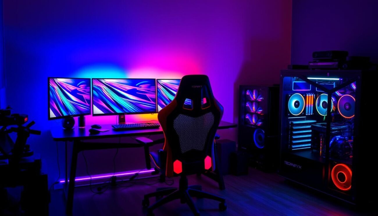 RGB gaming setup with ambient lighting